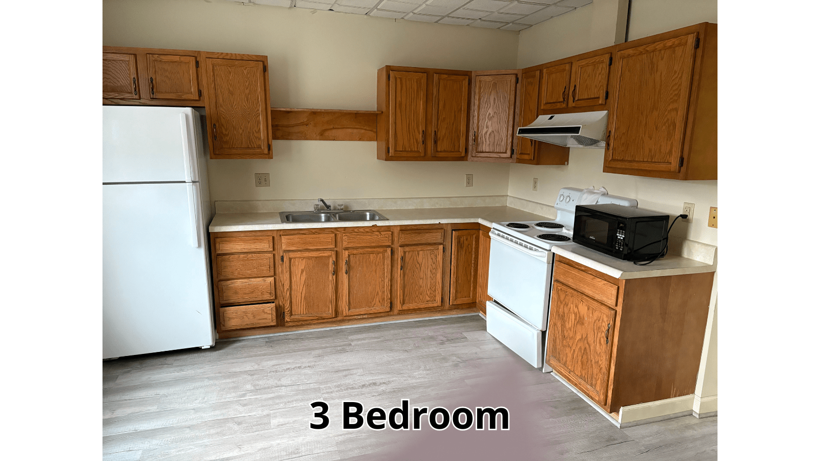 3 Bedroom kitchen with white appliances