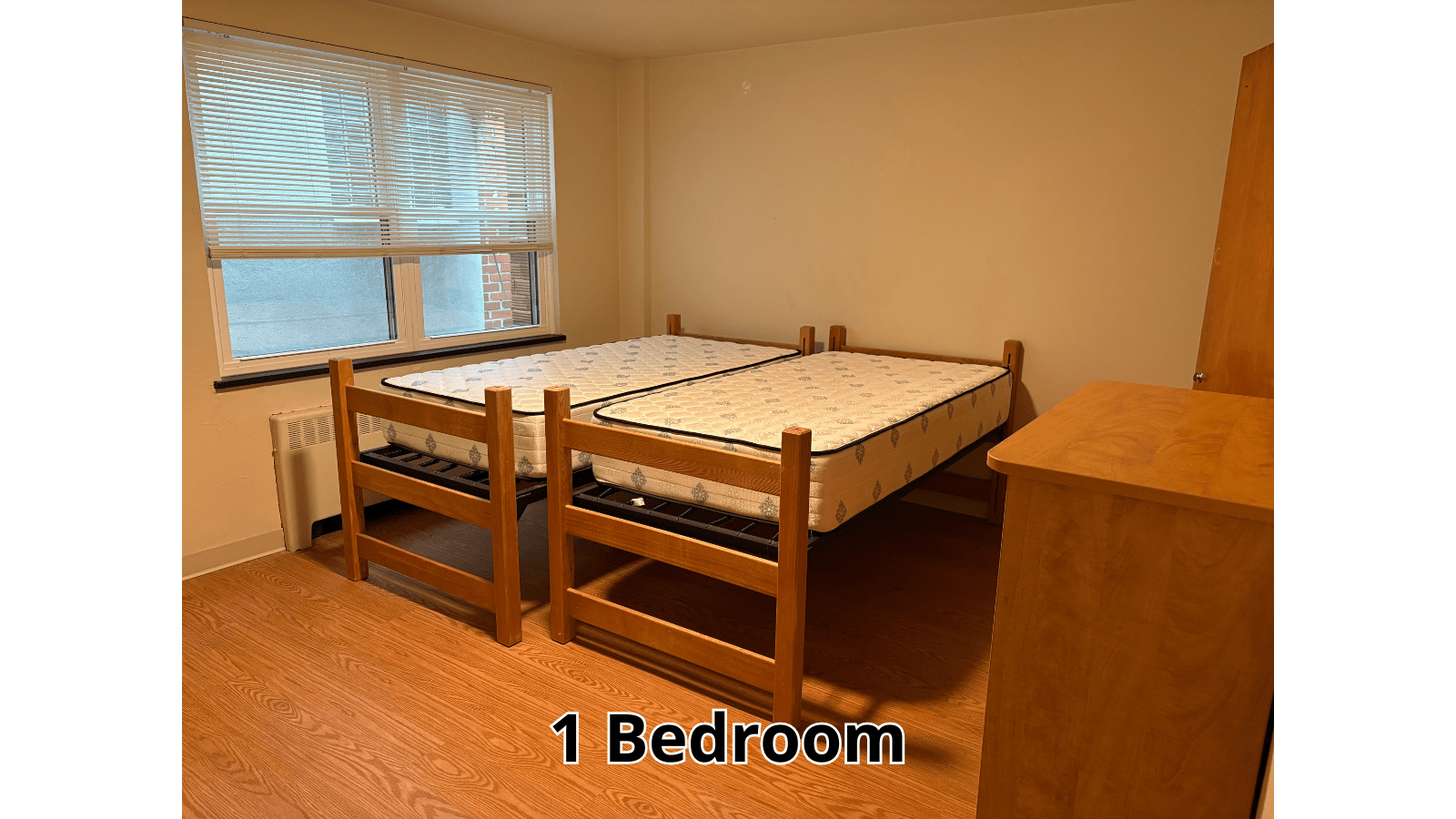 Two twin beds in a dorm room