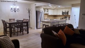 Kitchen with stainless steel appliances and white cabinets, and furnished dining area and living room