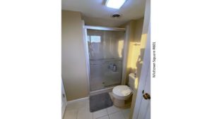 Bathroom with toilet and shower stall