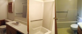 Bathroom with tub/shower combo, toilet, and vanity