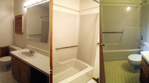 Bathroom with tub/shower combo, toilet, and vanity