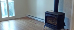 Living room with wood floor and wood-burning fireplace