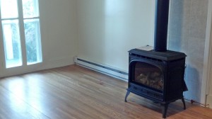 Living room with wood floor and wood-burning fireplace