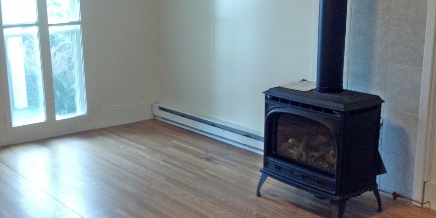 Living room with wood floor and wood-burning fireplace