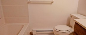 Bathroom with white shower/tub combo, white toilet, and vanity