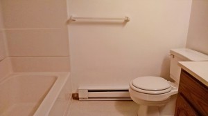 Bathroom with white shower/tub combo, white toilet, and vanity