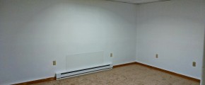 Unfurnished, carpeted living room