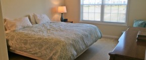 Carpeted bedroom with queen bed, dresser, chair, nightstand with lamp, and large window