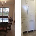 Left: carpeted dining room with wooden table and buffet table, chandelier, and large window. Right: laundry room with side-by-side washer and dryer and large storage cabinet