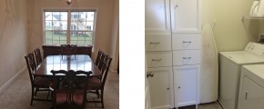 Left: carpeted dining room with wooden table and buffet table, chandelier, and large window. Right: laundry room with side-by-side washer and dryer and large storage cabinet