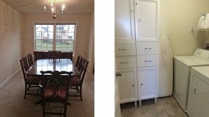 Left: carpeted dining room with wooden table and buffet table, chandelier, and large window. Right: laundry room with side-by-side washer and dryer and large storage cabinet