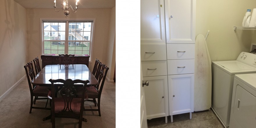 Left: carpeted dining room with wooden table and buffet table, chandelier, and large window. Right: laundry room with side-by-side washer and dryer and large storage cabinet