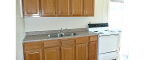 Kitchen with wood-tone cabinets, double bowl sink and white appliances