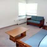 Carpeted living room with wood furniture