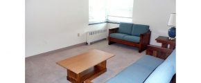 Carpeted living room with wood furniture