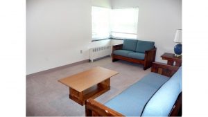 Carpeted living room with wood furniture