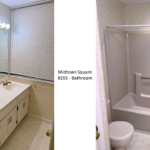 Bathroom with vanity, mirror, toilet, tub shower combo and window
