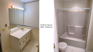 Bathroom with vanity, mirror, toilet, tub shower combo and window