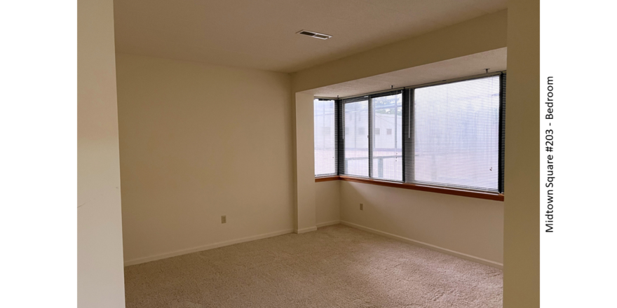 Unfurnished, carpeted bedroom with large windows