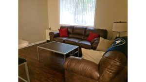 Living room with couches, accent tables, and lamp