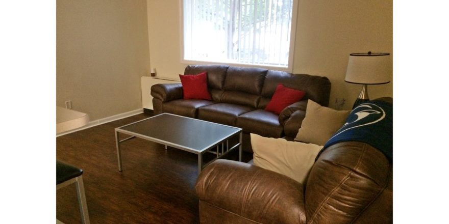 Living room with couches, accent tables, and lamp