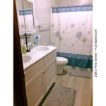 Bathroom with double sink vanity, medicine cabinet with mirror, toilet, and tub/shower combo with curtain