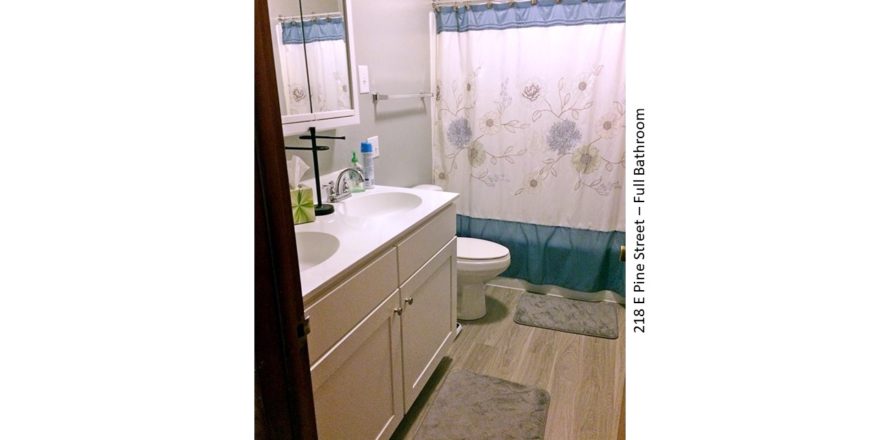 Bathroom with double sink vanity, medicine cabinet with mirror, toilet, and tub/shower combo with curtain