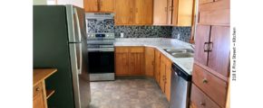 Kitchen with light wood cabinets, stainless steel and white appliances, and tile backsplash