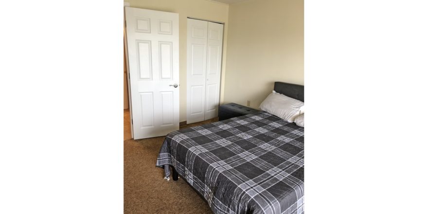 Carpeted bedroom with large bed