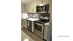 Kitchen with white cabinets, stainless steel appliances, and backsplash