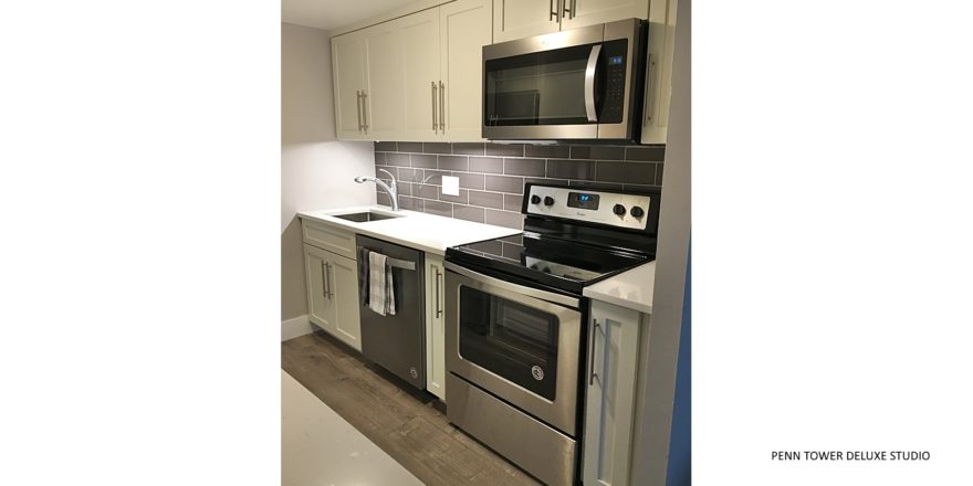 Kitchen with white cabinets, stainless steel appliances, and backsplash