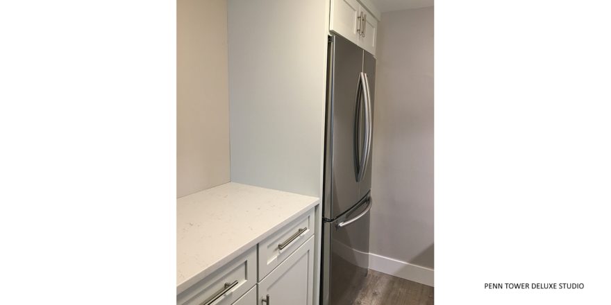 Kitchen with fridge and cabinets