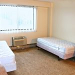 Carpeted bedroom with two twin beds and wooden chests of drawers