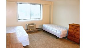 Carpeted bedroom with two twin beds and wooden chests of drawers