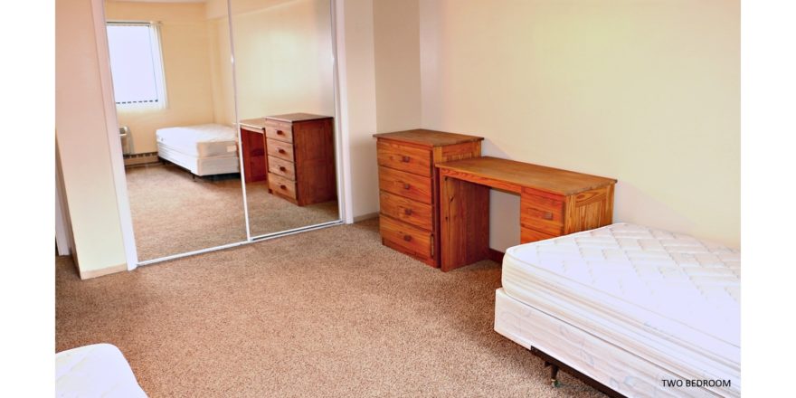 Bedroom with two twin beds, wooden desk, and wooden chest of drawers