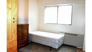 Bedroom with twin bed, and chest of drawers