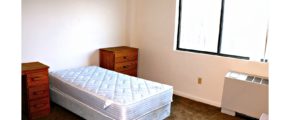 Bedroom with twin bed and wooden furniture