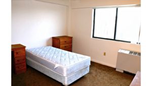 Bedroom with twin bed and wooden furniture