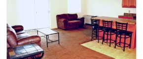 Open concept living room/kitchen with island with barstool seating, couches, and accent table