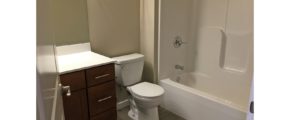 Bathroom with shower/tub combo, toilet, and vanity and mirror