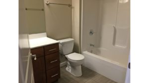 Bathroom with shower/tub combo, toilet, and vanity and mirror