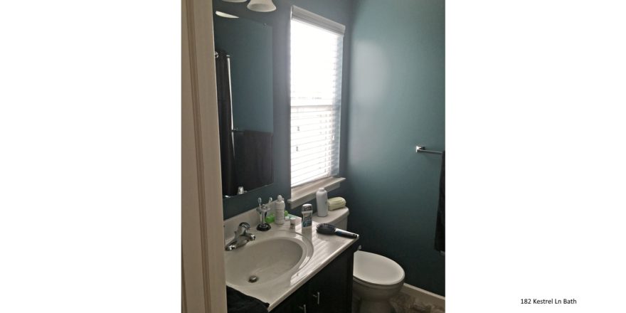 Bathroom with vanity, mirror, toilet and window