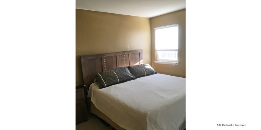 Bedroom with queen bed, nightstand, and window