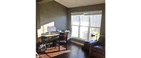 Living room with wood-style flooring, leather armchair, desk with computer and large window