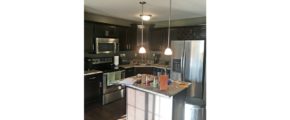 Kitchen with wood-style floor, stainless steel appliances, dark wood cabinets, and island