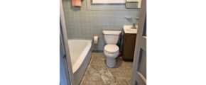 Bathroom with tub, toilet, vanity, medicine cabinet. Wall is blue tile