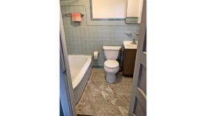 Bathroom with tub, toilet, vanity, medicine cabinet. Wall is blue tile