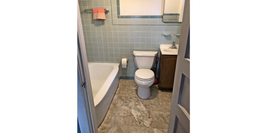 Bathroom with tub, toilet, vanity, medicine cabinet. Wall is blue tile