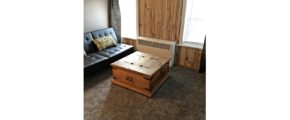 Den with leatherette futon and wooden chest coffee table